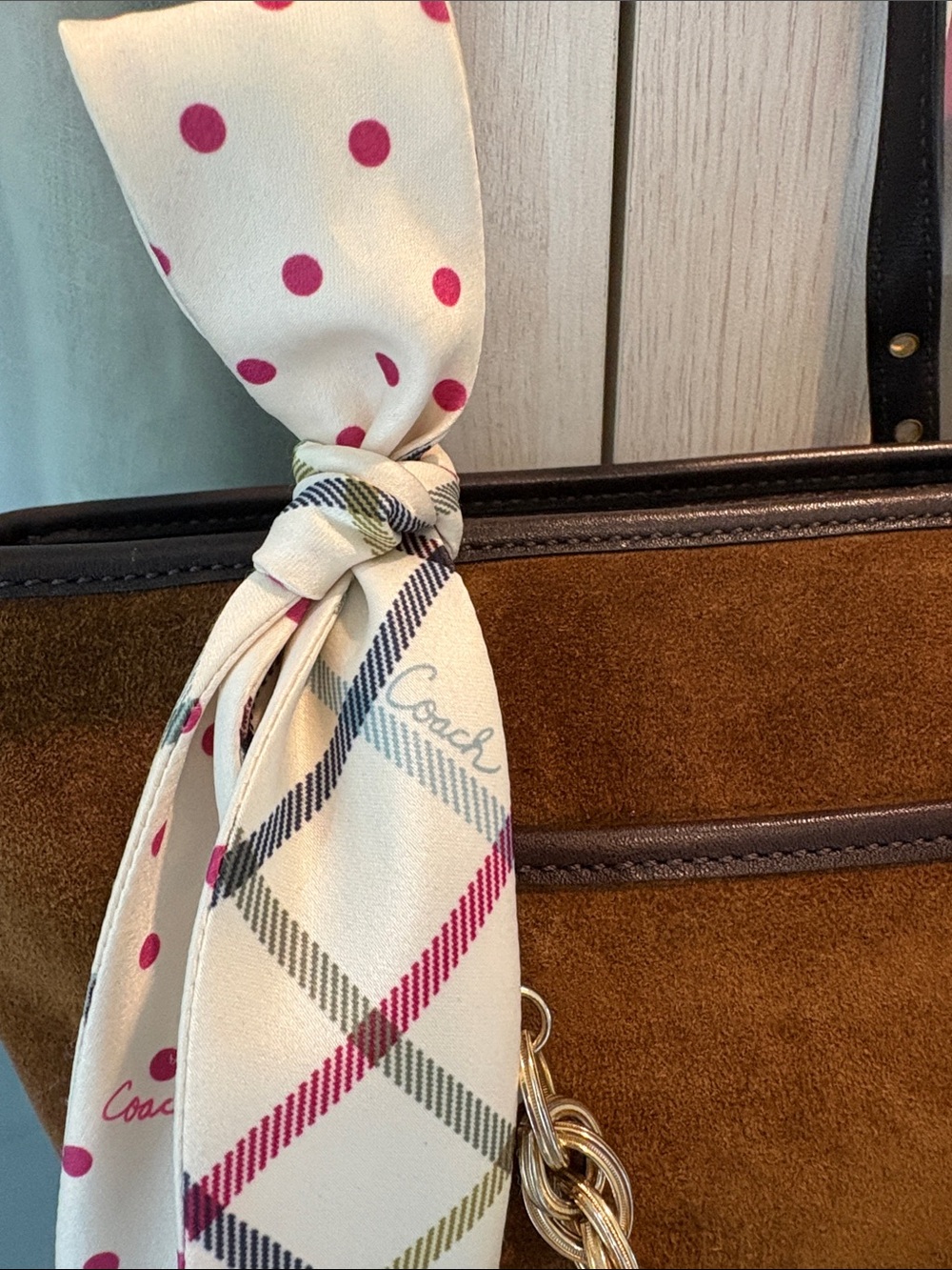 Coach Brown Suede Satchel with Gold Chain and Polka Dot Scarf - Picture 2 of 9